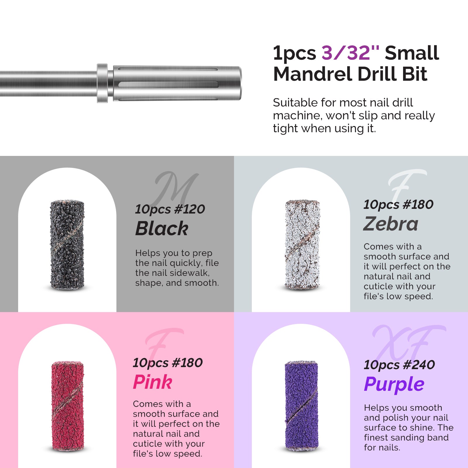 10Pcs Diamond Nail Drill Bit Set with 40Pcs Sanding Bands (#120#180#240 Grits) - 图片8