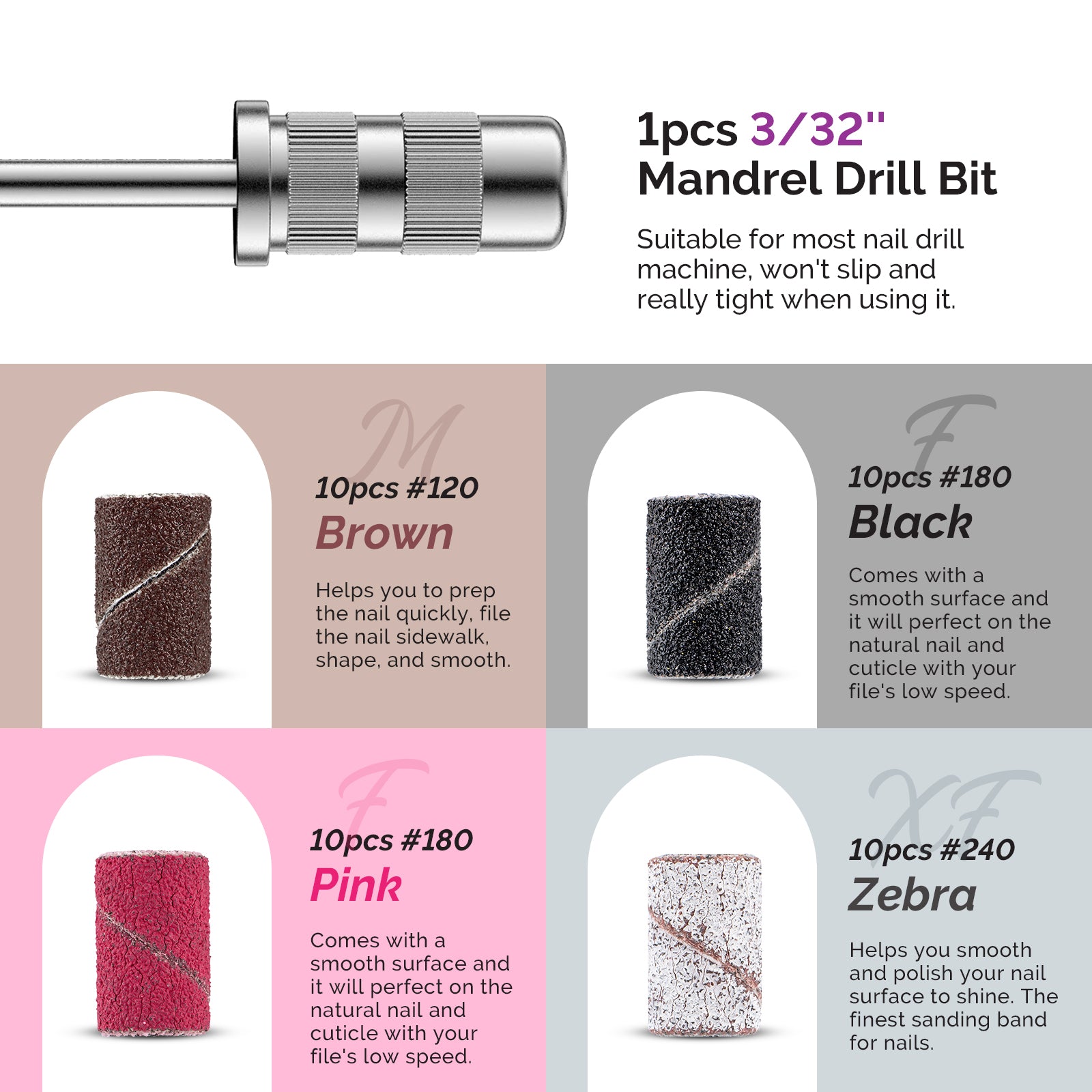 10Pcs Diamond Nail Drill Bit Set with 40Pcs Sanding Bands (#120#180#240 Grits) - 图片7