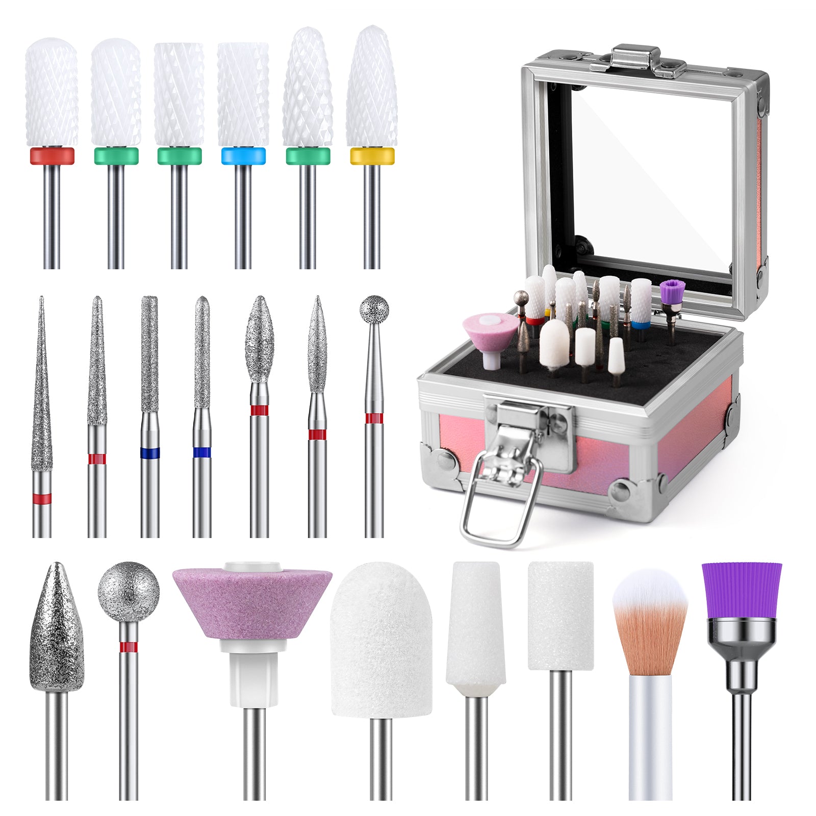 21Pcs Ceramic Diamond Carbide Nail Drill Bits with Portable Holder Case