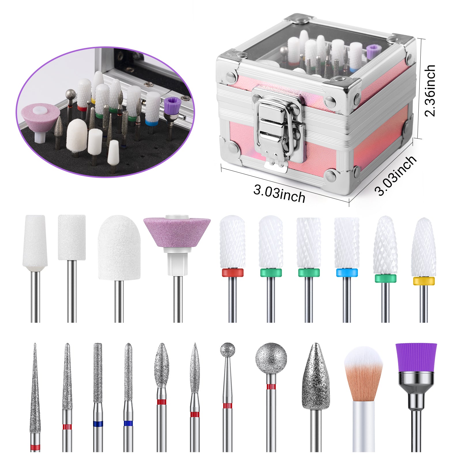 21Pcs Ceramic Diamond Carbide Nail Drill Bits with Portable Holder Case - Image2