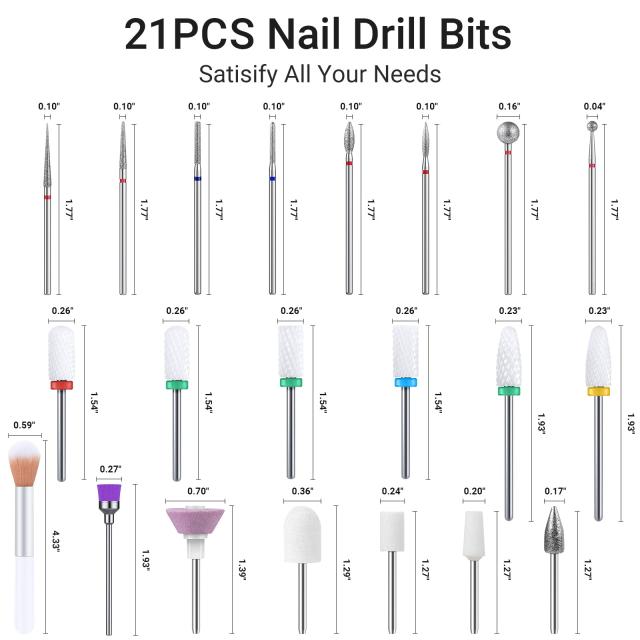 21Pcs Ceramic Diamond Carbide Nail Drill Bits with Portable Holder Case