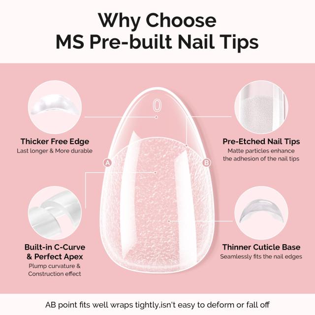 300Pcs Half Matte Clear Acrylic Full Cover Pre-Built Nail Tips & 20g Solid Nail Glue Gel