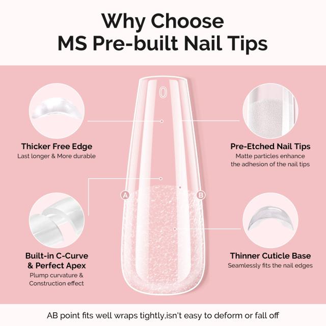300Pcs Half Matte Clear Acrylic Full Cover Pre-Built Nail Tips & 20g Solid Nail Glue Gel