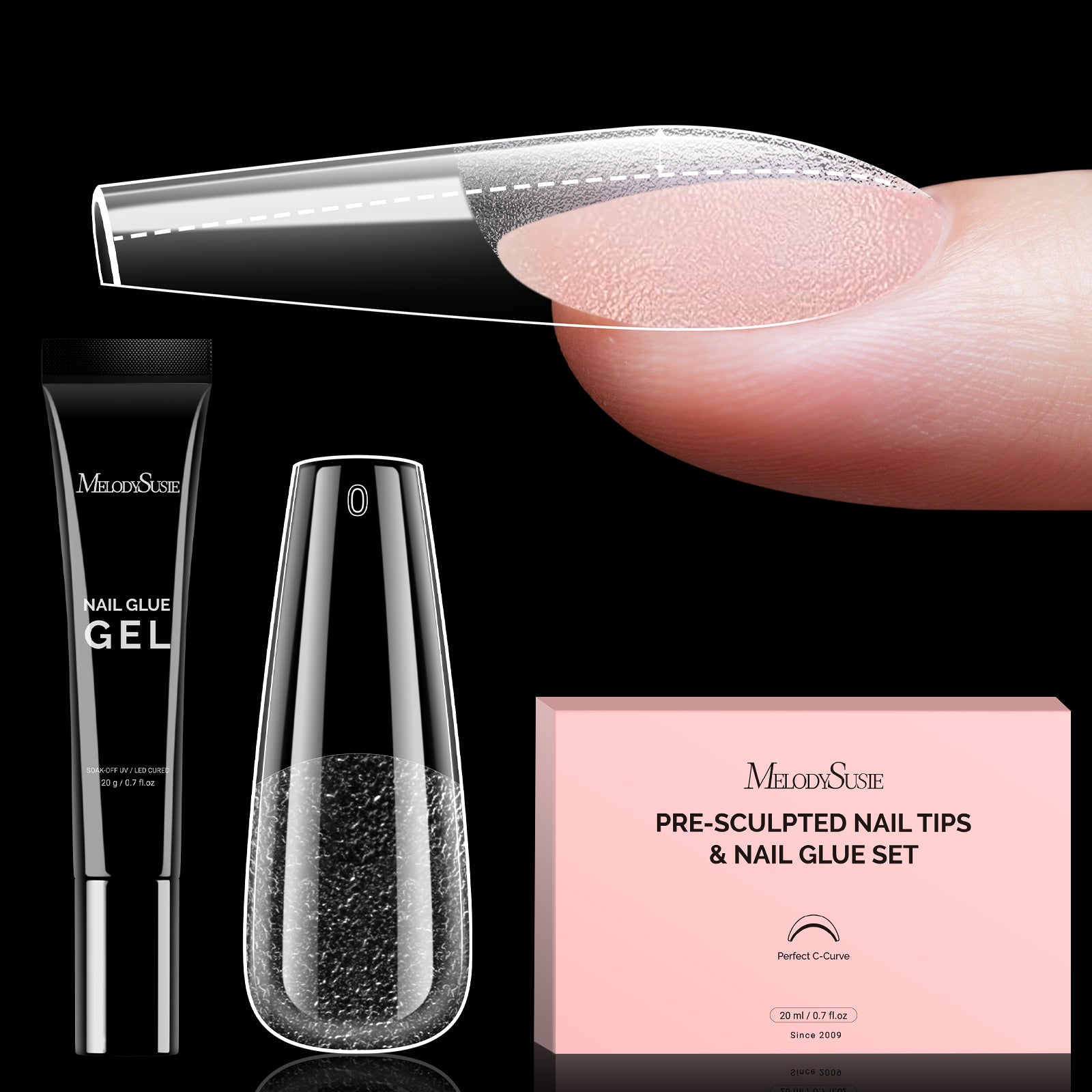 300Pcs Half Matte Clear Acrylic Full Cover Pre-Built Nail Tips & 20g Solid Nail Glue Gel