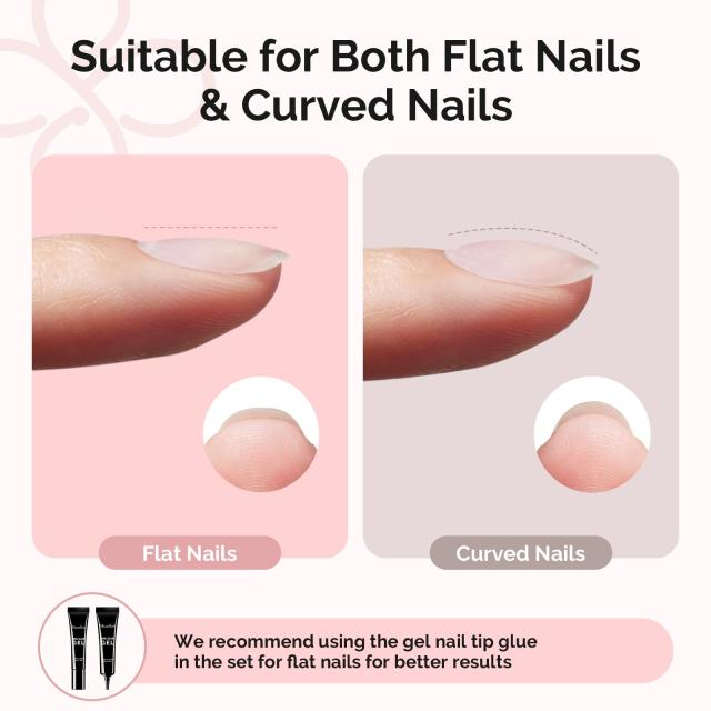 300Pcs Half Matte Clear Acrylic Full Cover Pre-Built Nail Tips & 20g Solid Nail Glue Gel