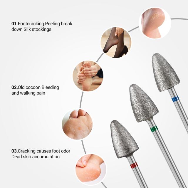 3Pcs 8mm Diamond Pedicure Cone Drill Bits Set