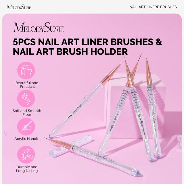 5Pcs Nail Art Liner Brushes with Nail Brush Holder - Sizes 5/7/9/11/20mm