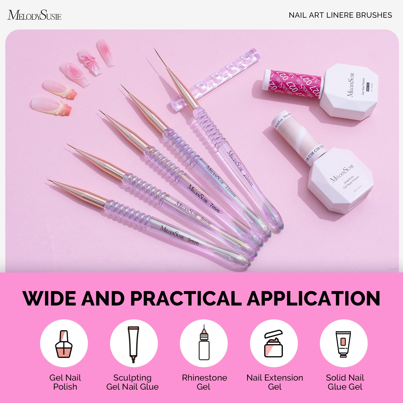 5Pcs Nail Art Liner Brushes with Nail Brush Holder - Sizes 5/7/9/11/20mm - 图片2