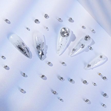 6-Gird Mixed Size Pointed Bottom White Glass Nail Rhinestones