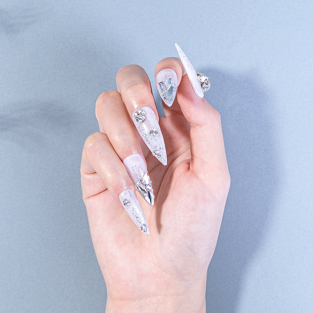 6-Gird Mixed Size Pointed Bottom White Glass Nail Rhinestones - 图片3