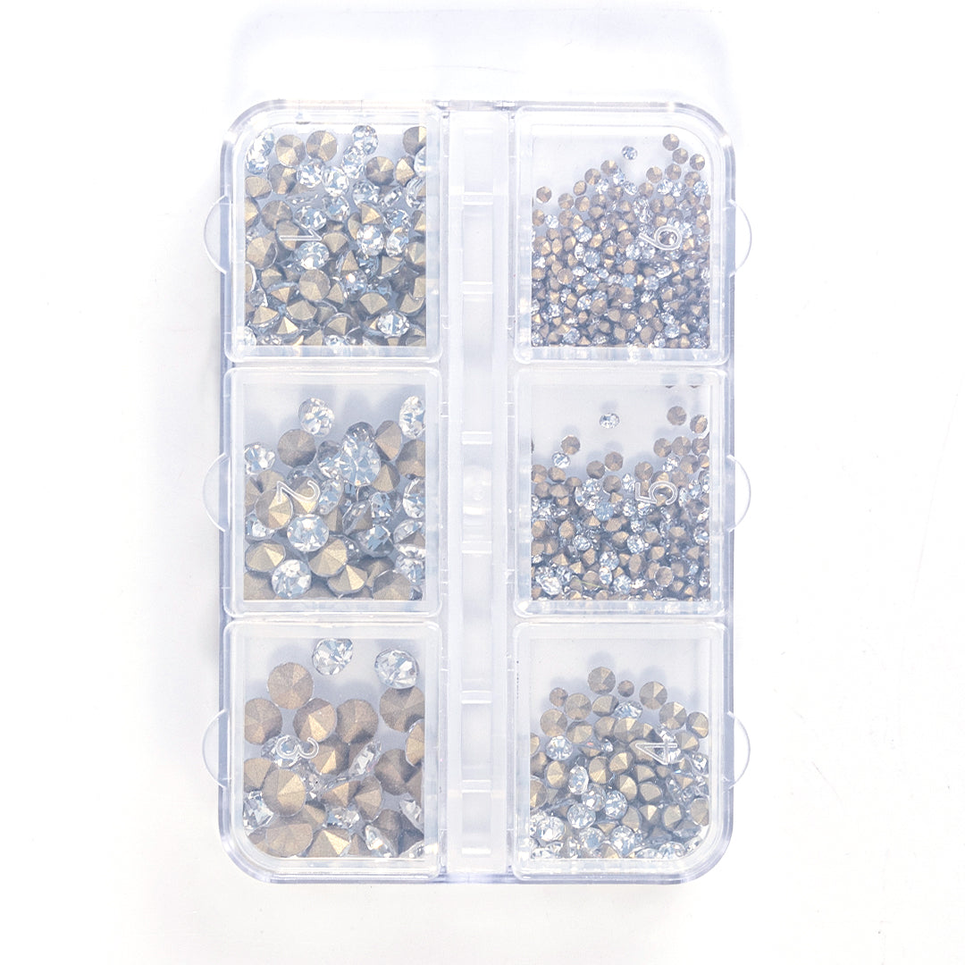 6-Gird Mixed Size Pointed Bottom White Glass Nail Rhinestones - 图片4