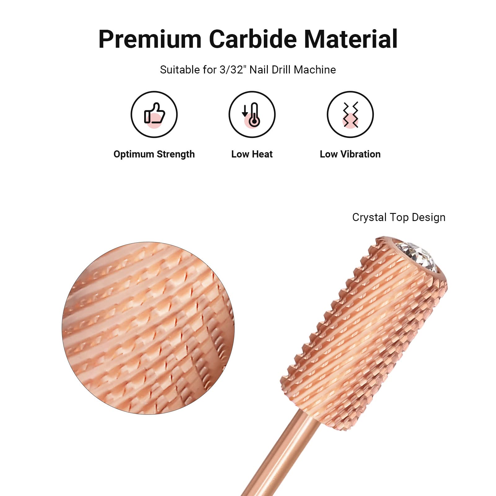Crystal Top Large Barrel Carbide Nail Drill Bit (Rose-Gold) - 图片2