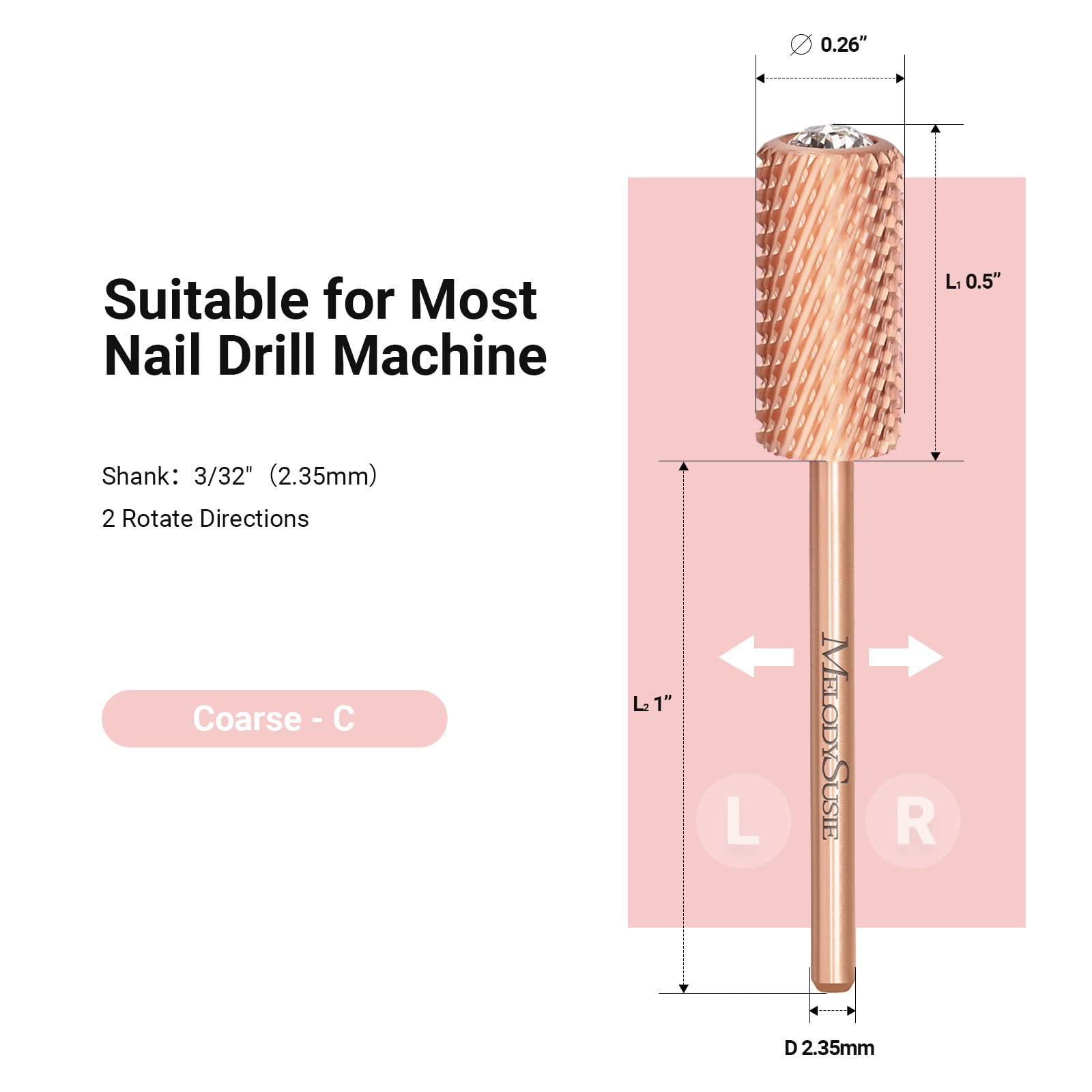 Crystal Top Large Barrel Carbide Nail Drill Bit (Rose-Gold) - 图片5