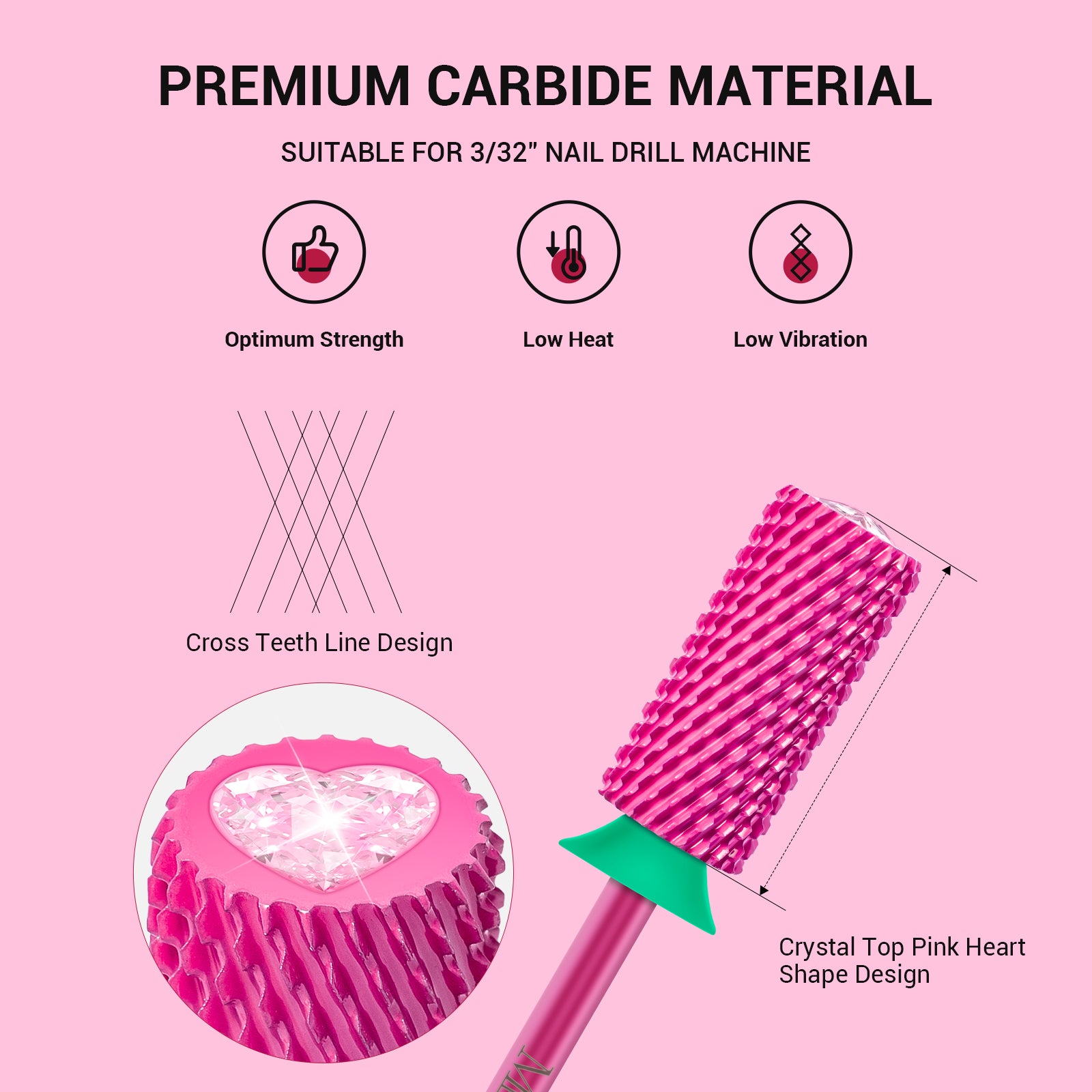 Crystal Top Pink Heart Shape Tungsten Carbide Nail Drill Bit - 图片2