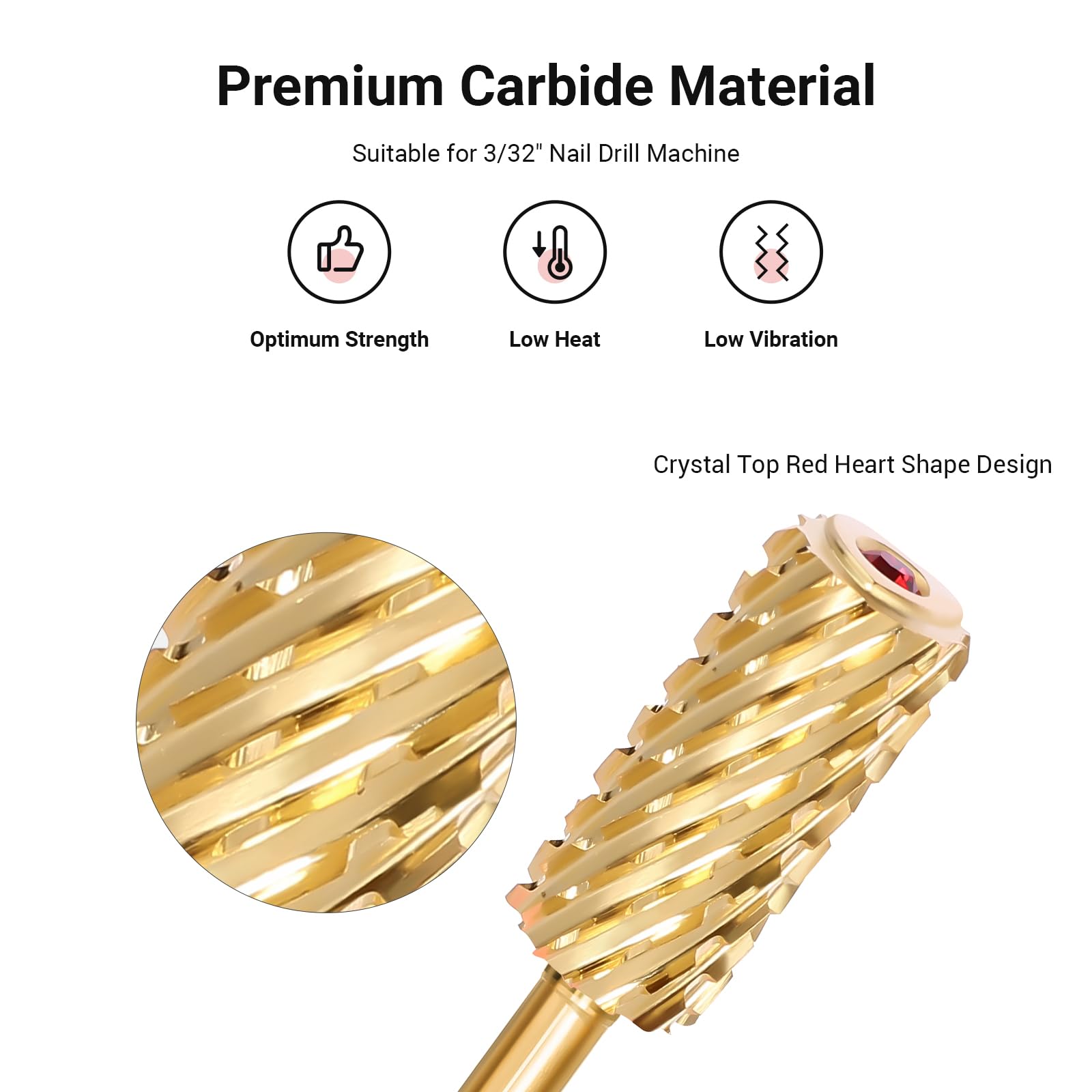 Crystal Top Red Heart Shape Large Barrel Carbide Nail Drill Bit (Gold) - Image2