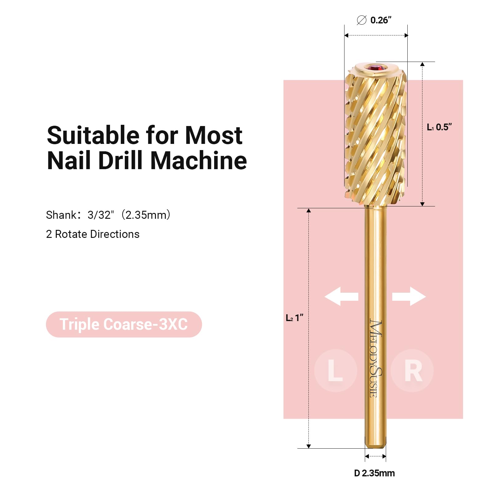 Crystal Top Red Heart Shape Large Barrel Carbide Nail Drill Bit (Gold) - Image4