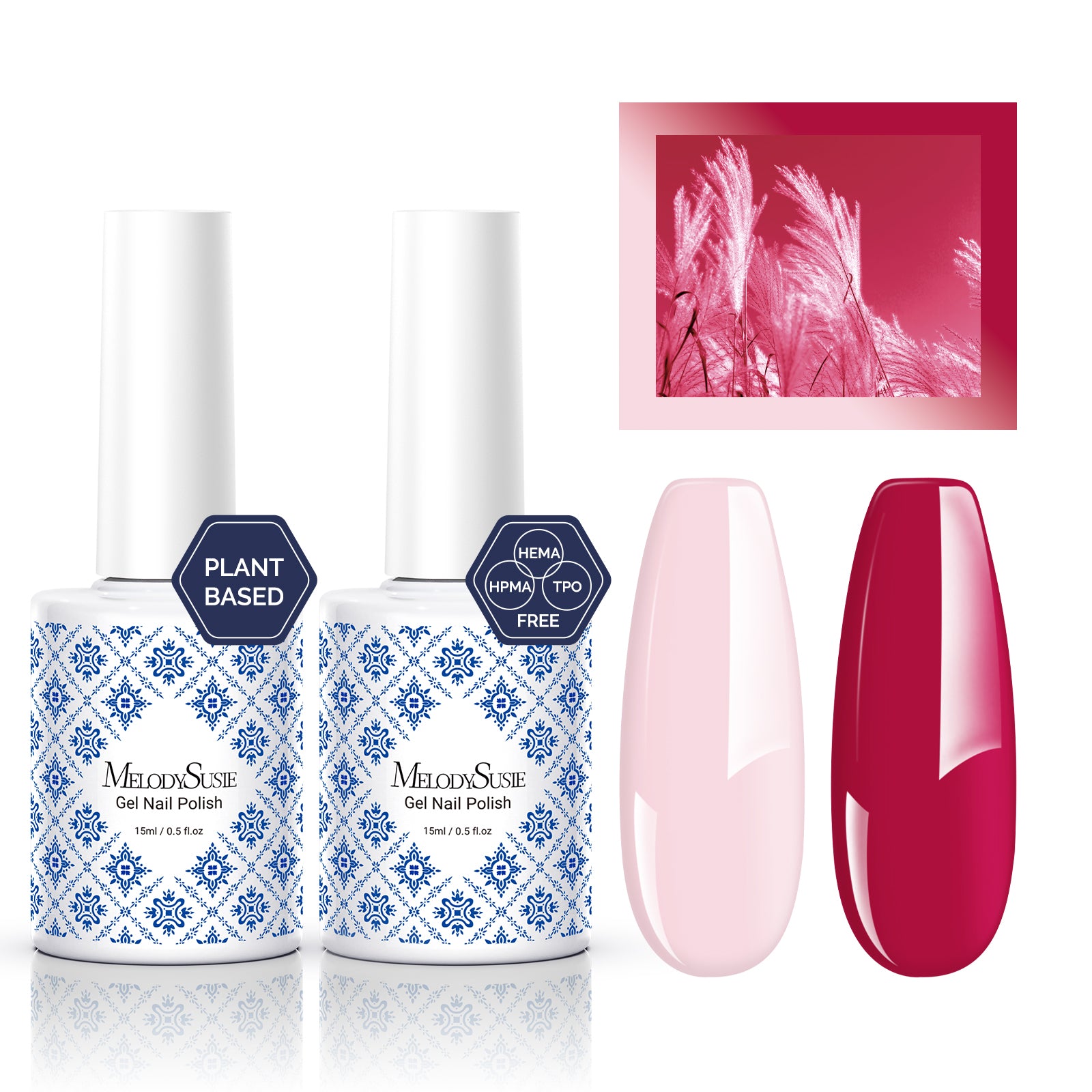 Fleurwee HEMA-Free & HPMA-Free & TPO-Free Gel Polish 2Pcs Raspberry Red&Light Pink-P13+P22