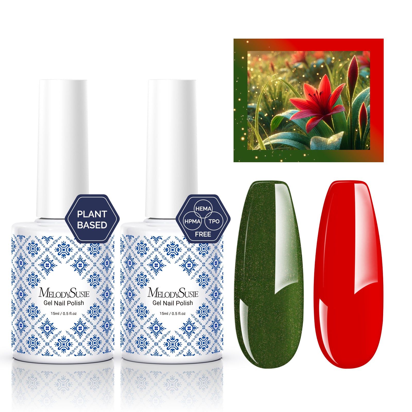 Fleurwee HEMA-Free & HPMA-Free & TPO-Free Gel Polish 2Pcs Red&Green-P39+P52