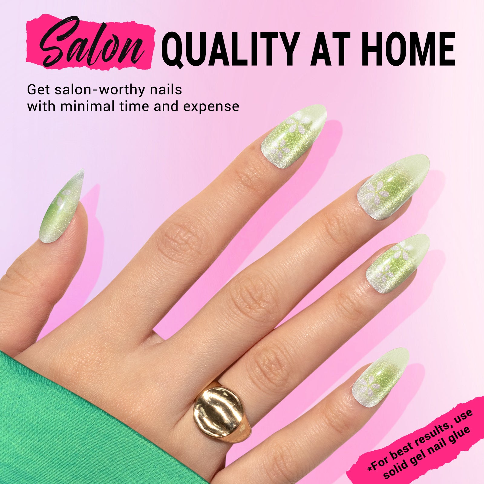 Green Flowers Cat Eye Press On Nails Kit - US ONLY - 图片4
