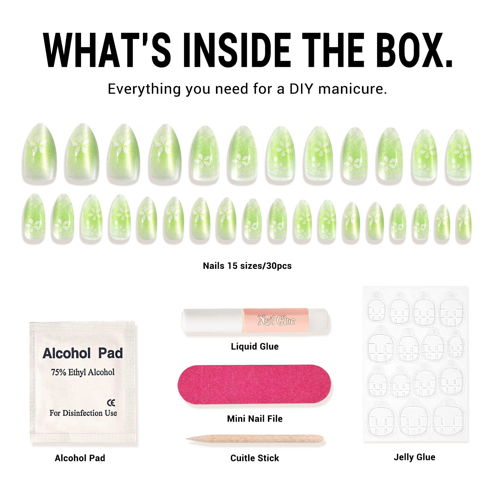 Green Flowers Cat Eye Press On Nails Kit - US ONLY - 图片5