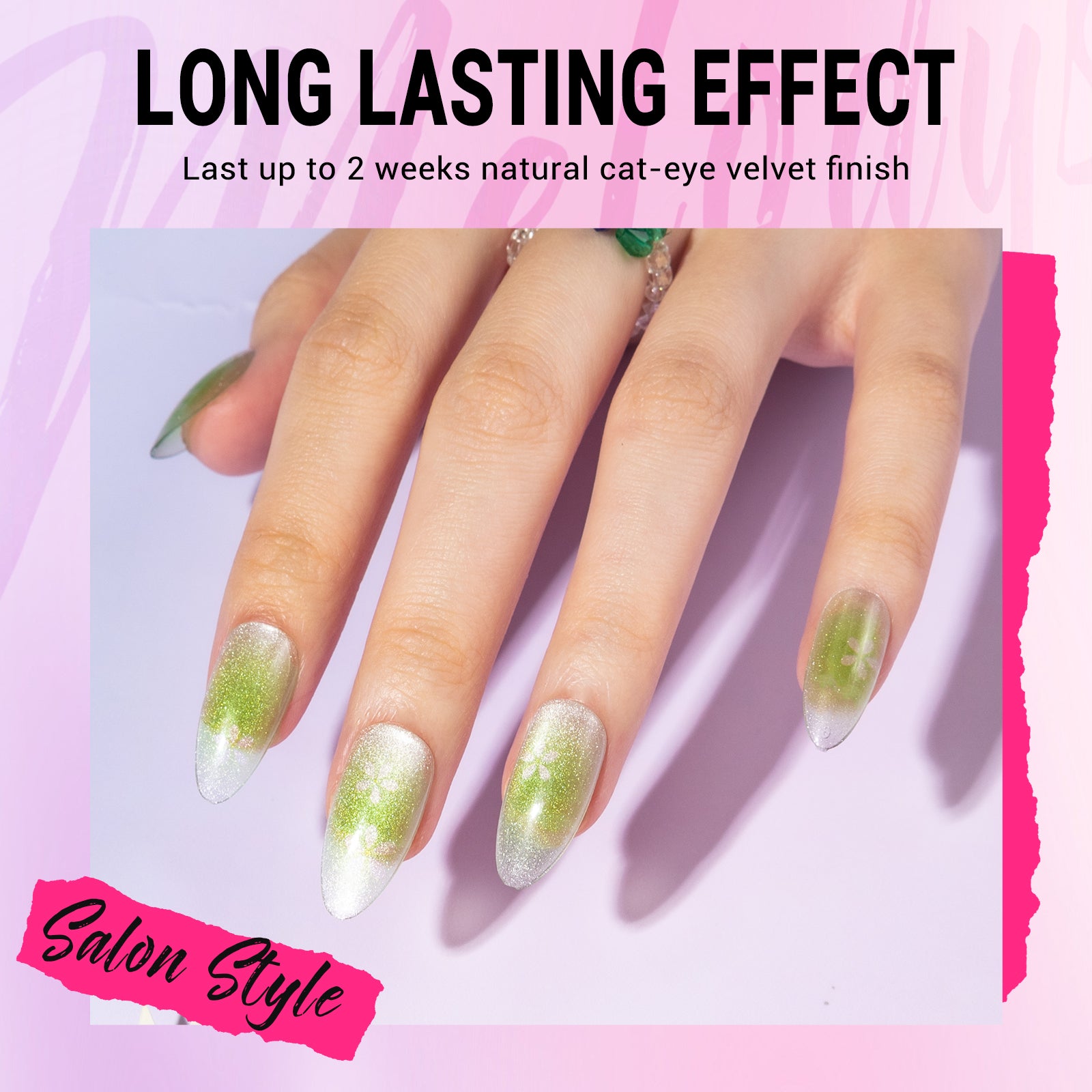 Green Flowers Cat Eye Press On Nails Kit - US ONLY - 图片2