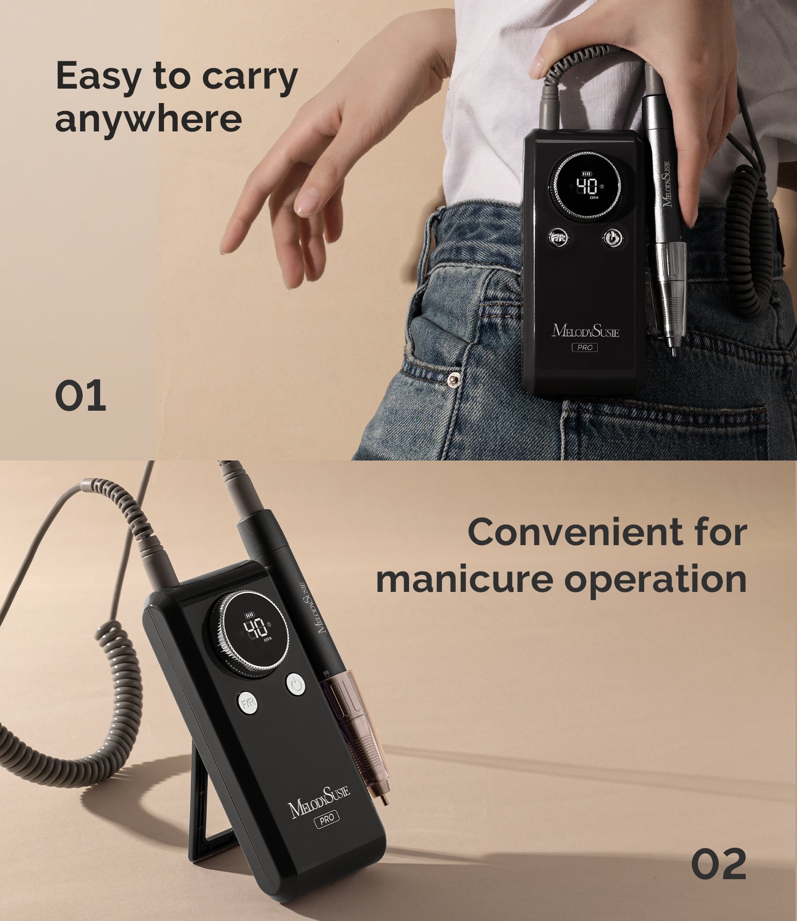 MB420G Clip-On Professional Rechargeable 2-in-1 Nail Drill with Built-In Stand 40,000RPM - 图片11