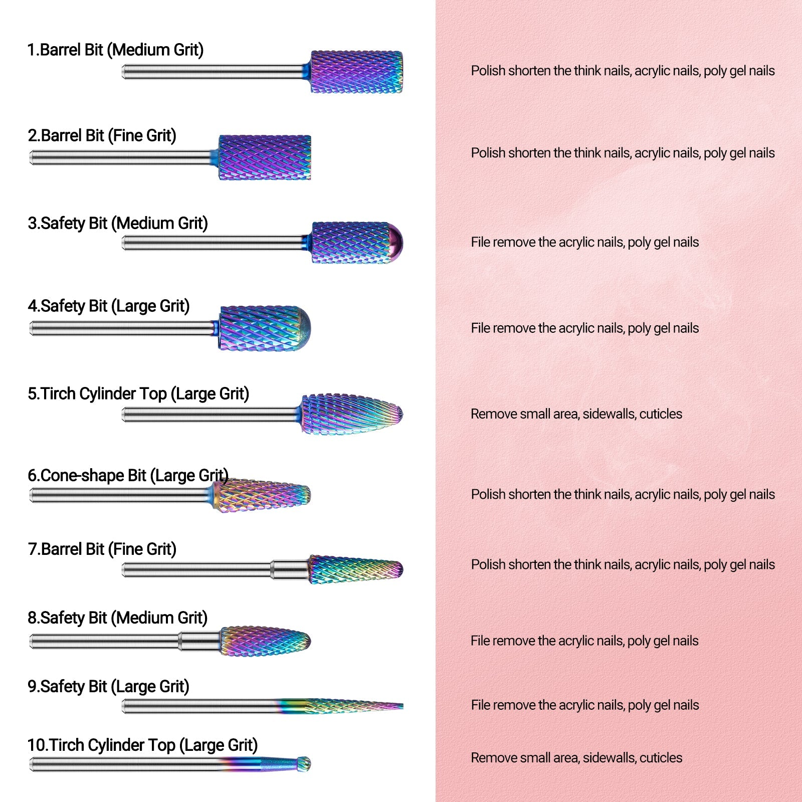 New Colorful Tungsten Carbide Nail Drill Bits Set (10pcs) - 图片4