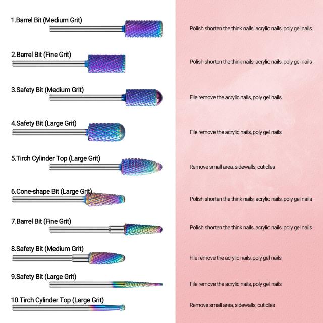 New Colorful Tungsten Carbide Nail Drill Bits Set (10pcs)
