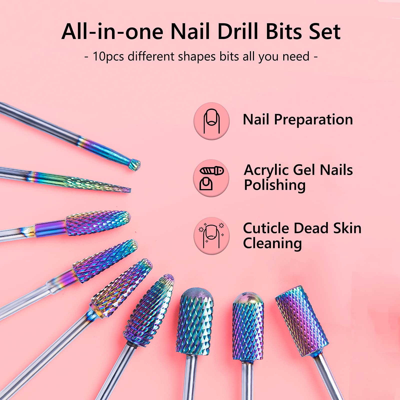 New Colorful Tungsten Carbide Nail Drill Bits Set (10pcs) - 图片2