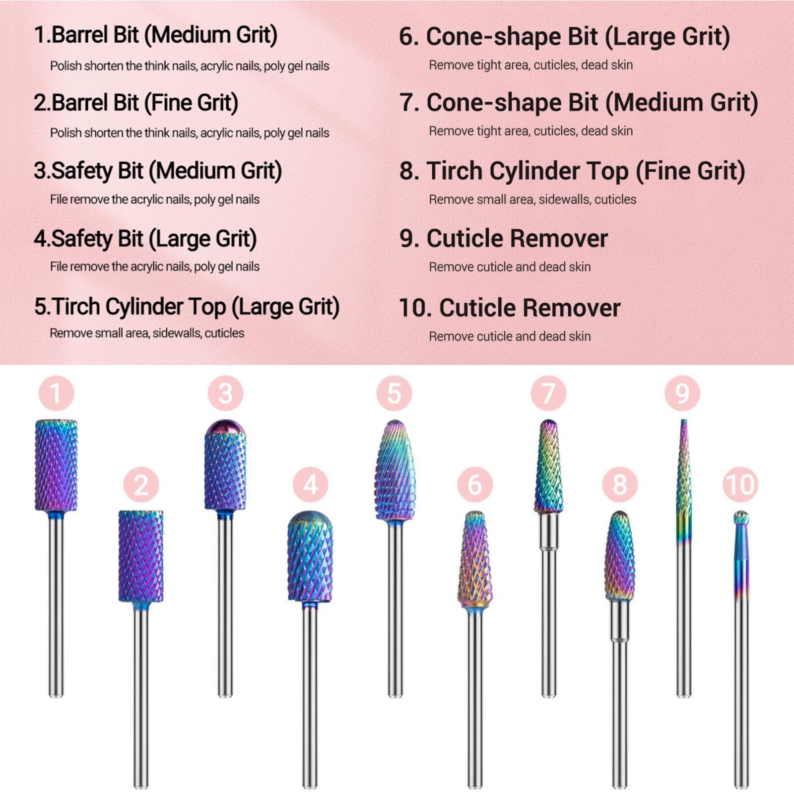 New Colorful Tungsten Carbide Nail Drill Bits Set (10pcs) - 图片4
