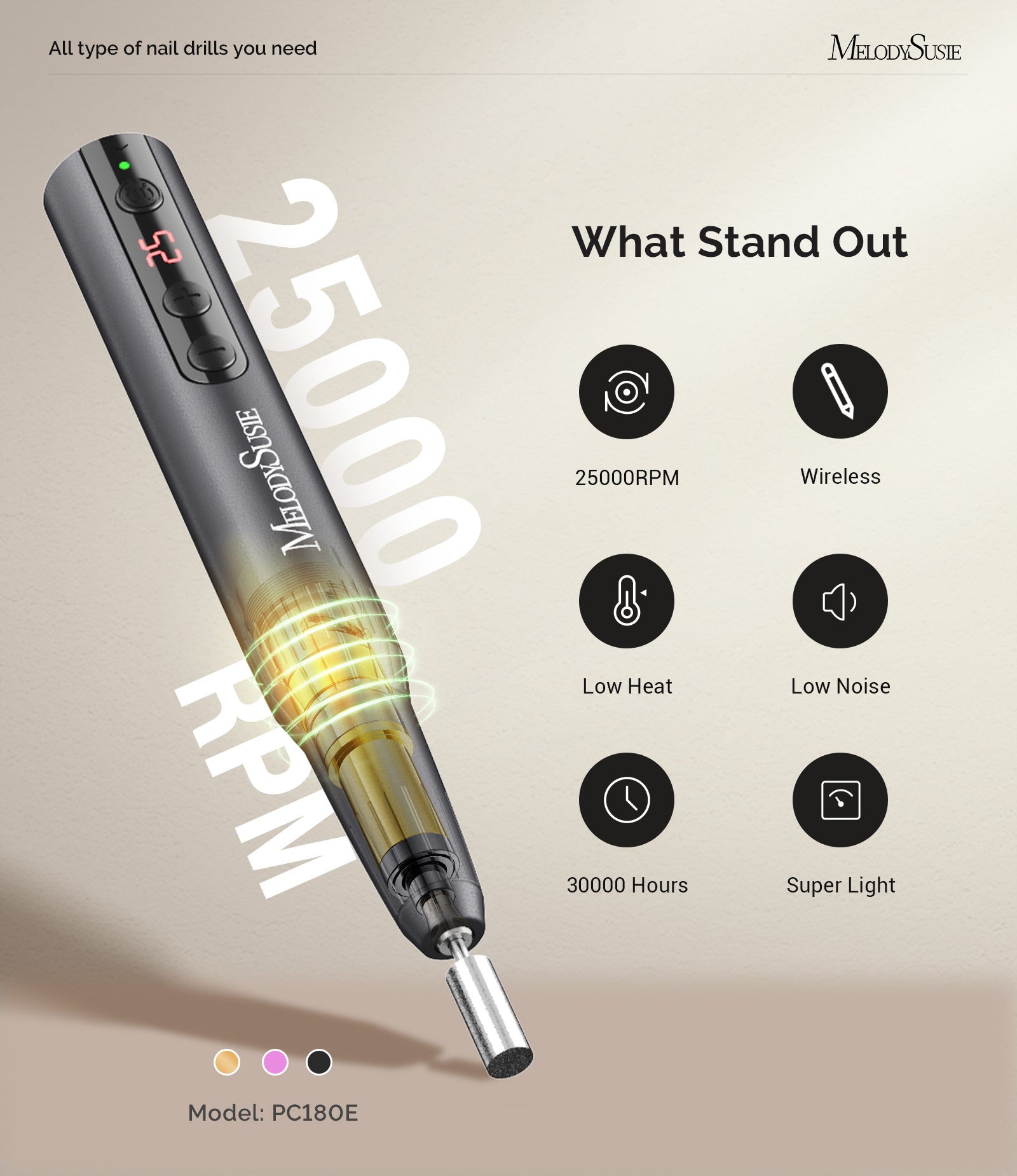 PC180E Pen-Shaped Rechargeable Nail Drill 25,000RPM - Black - 图片2