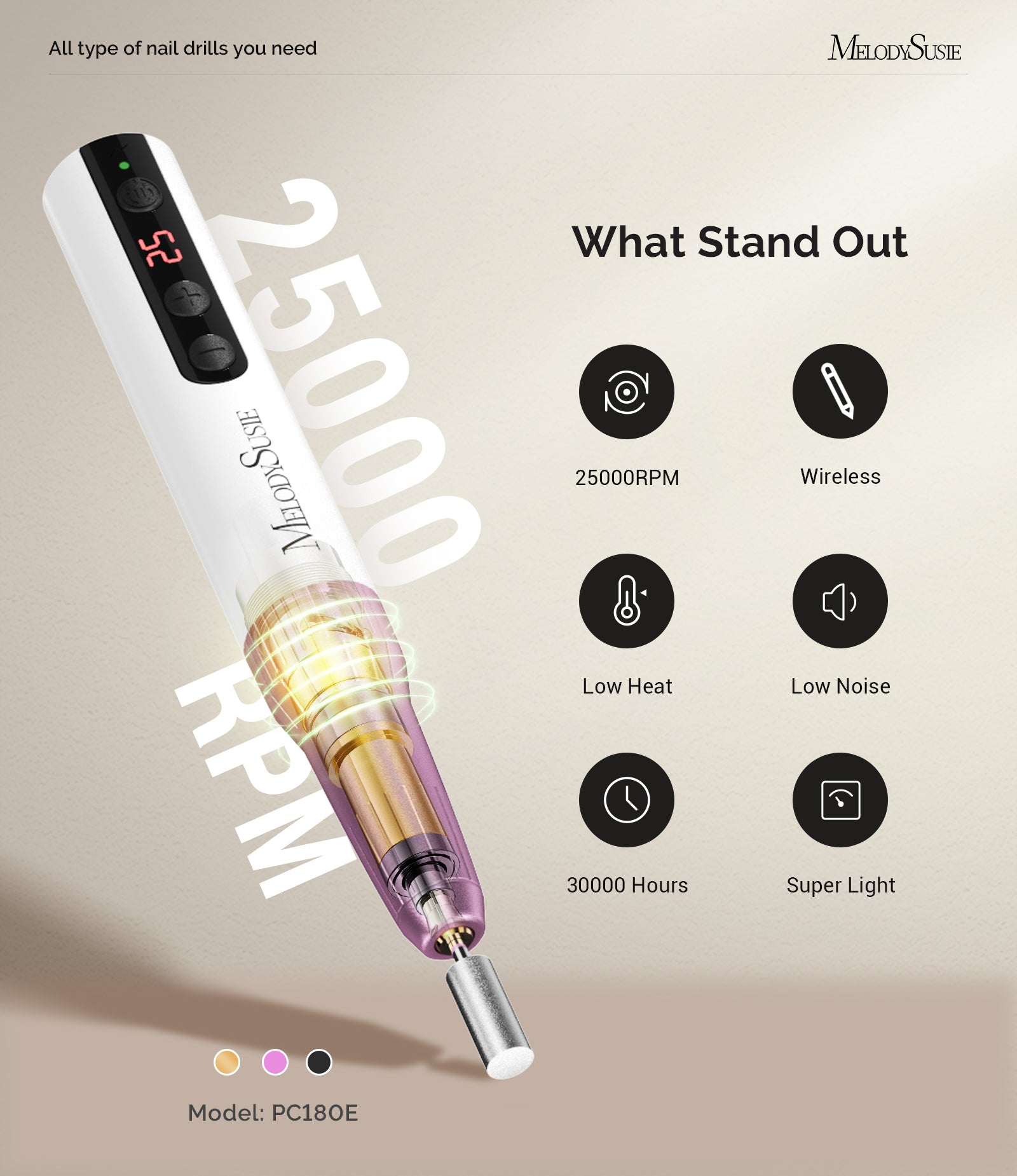 PC180E Pen-Shaped Rechargeable Nail Drill 25,000RPM - Pink Gold - 图片2