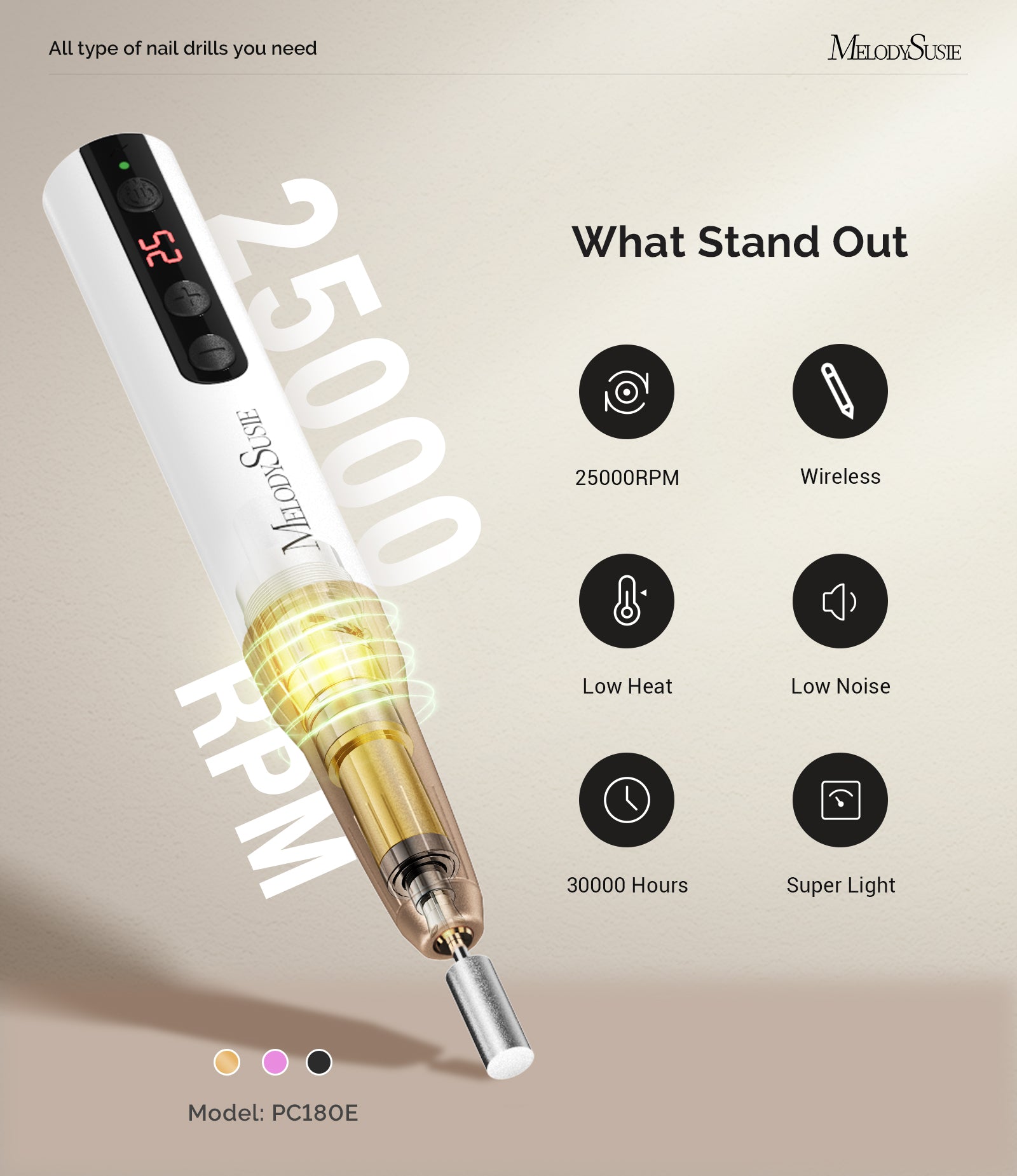 PC180E Pen-Shaped Rechargeable Nail Drill 25,000RPM - White Gold - 图片2