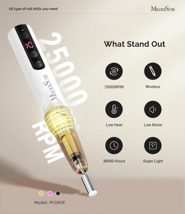 PC180E Pen-Shaped Rechargeable Nail Drill 25,000RPM - White Gold