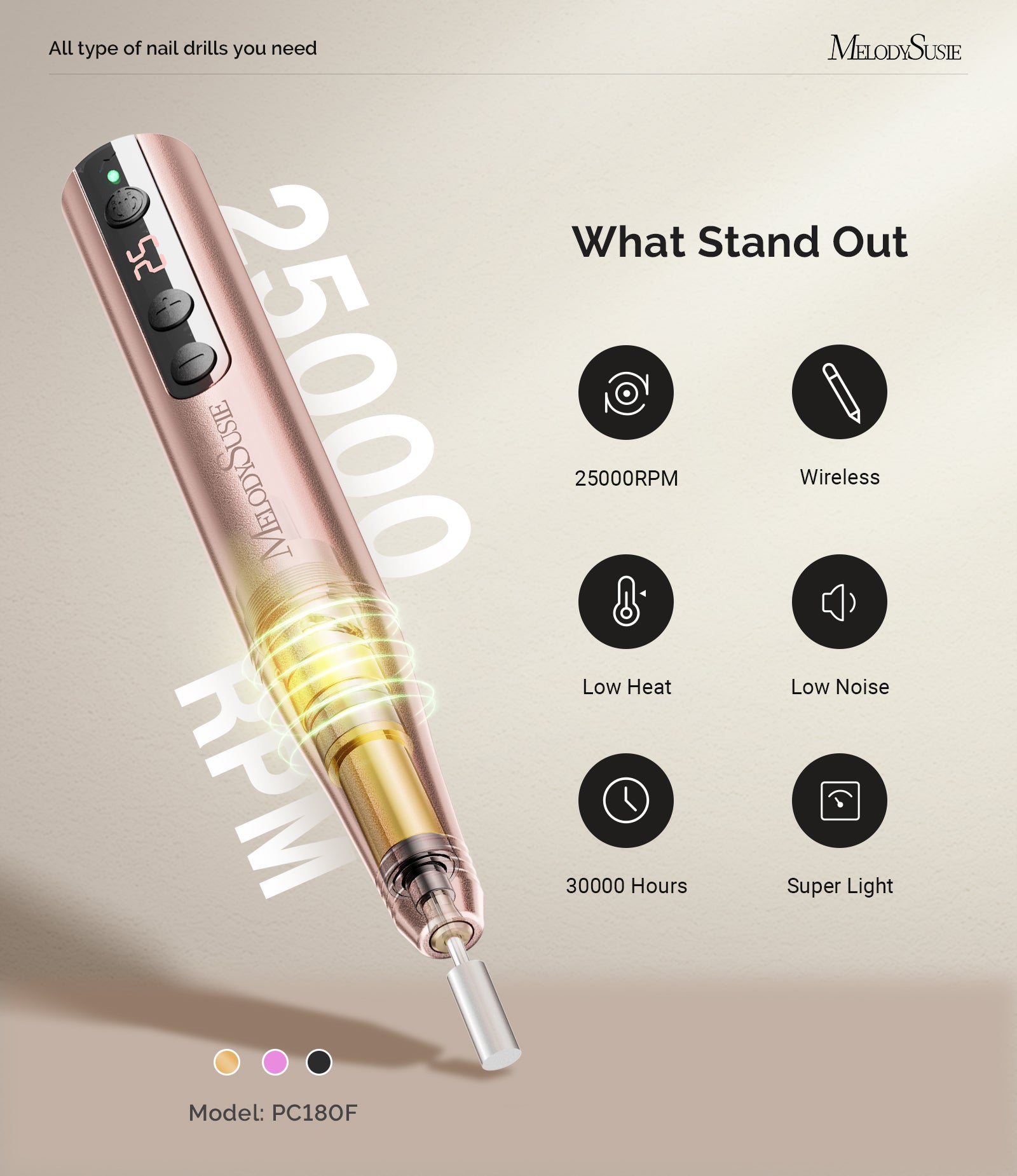 PC180F Pen-Shaped Rechargeable Nail Drill 25,000RPM - Gold - 图片2