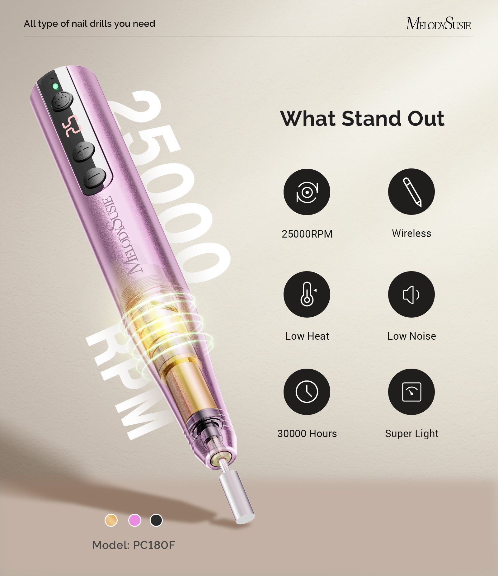 PC180F Pen-Shaped Rechargeable Nail Drill 25,000RPM - Rose Gold - 图片2