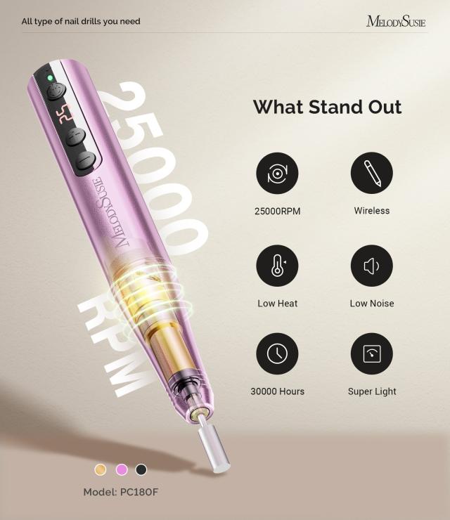PC180F Pen-Shaped Rechargeable Nail Drill 25,000RPM - Rose Gold