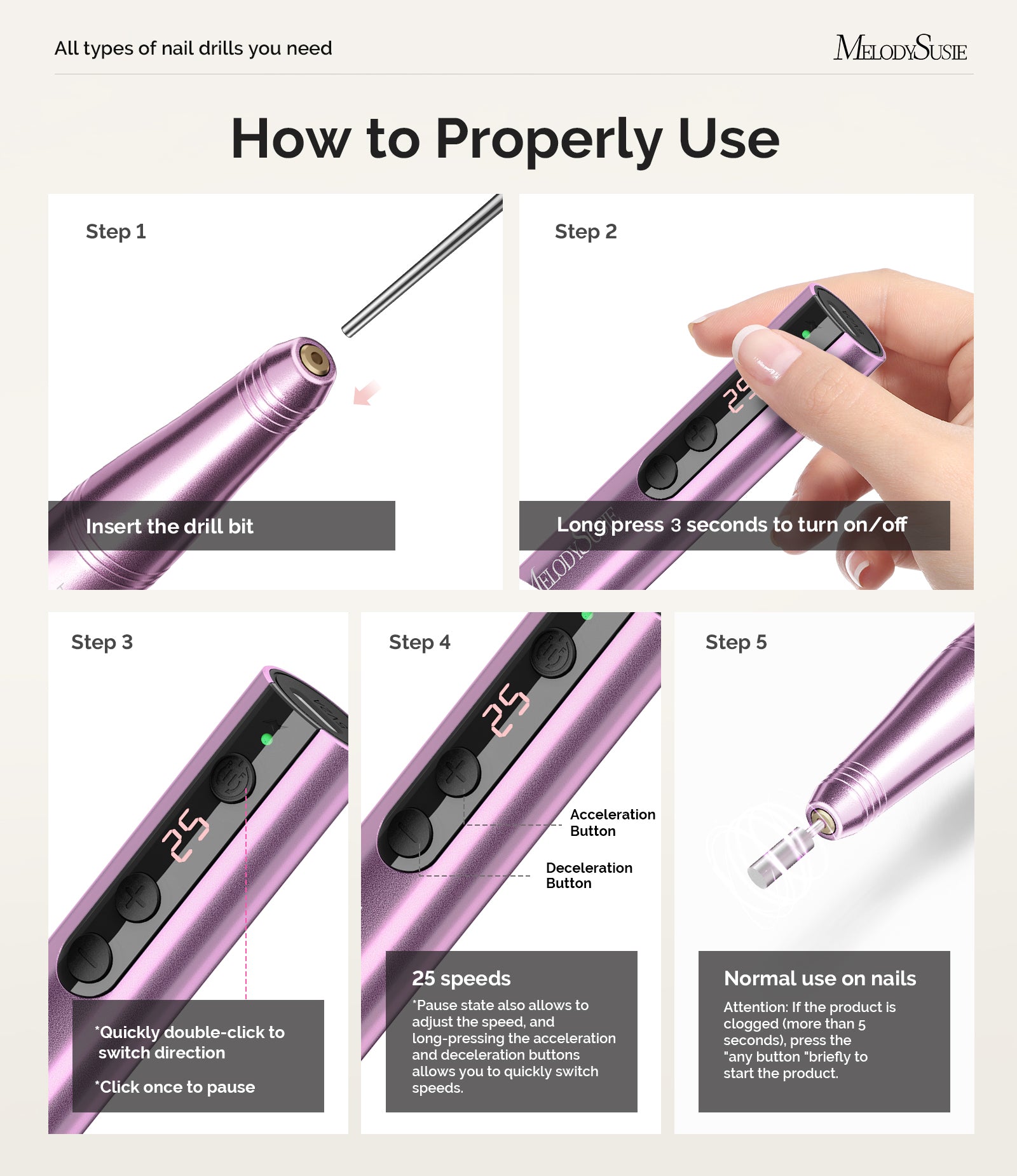 PC180F Pen-Shaped Rechargeable Nail Drill 25,000RPM - Rose Gold - 图片7