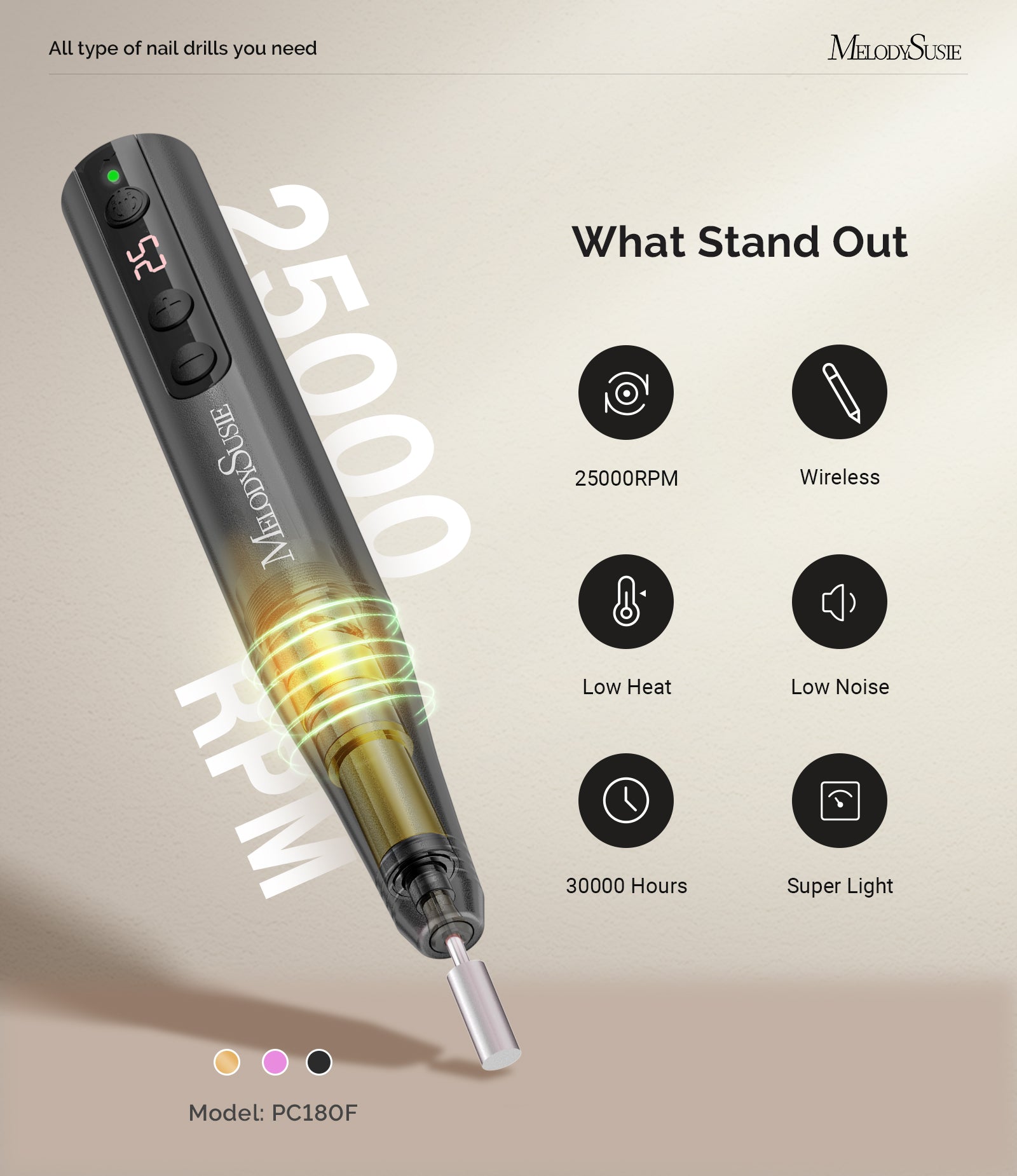 PC180F Pen-Shaped Rechargeable Nail Drill 25,000RPM - Black - 图片2