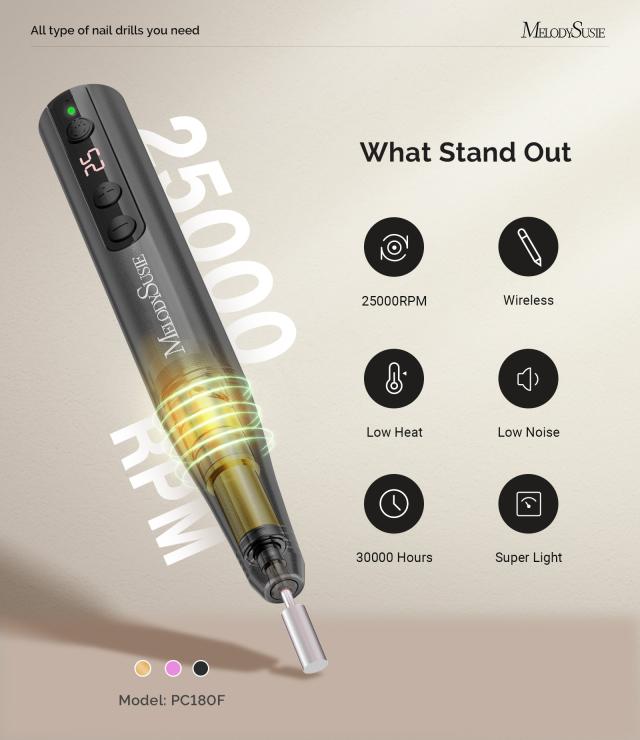 PC180F Pen-Shaped Rechargeable Nail Drill 25,000RPM - Black