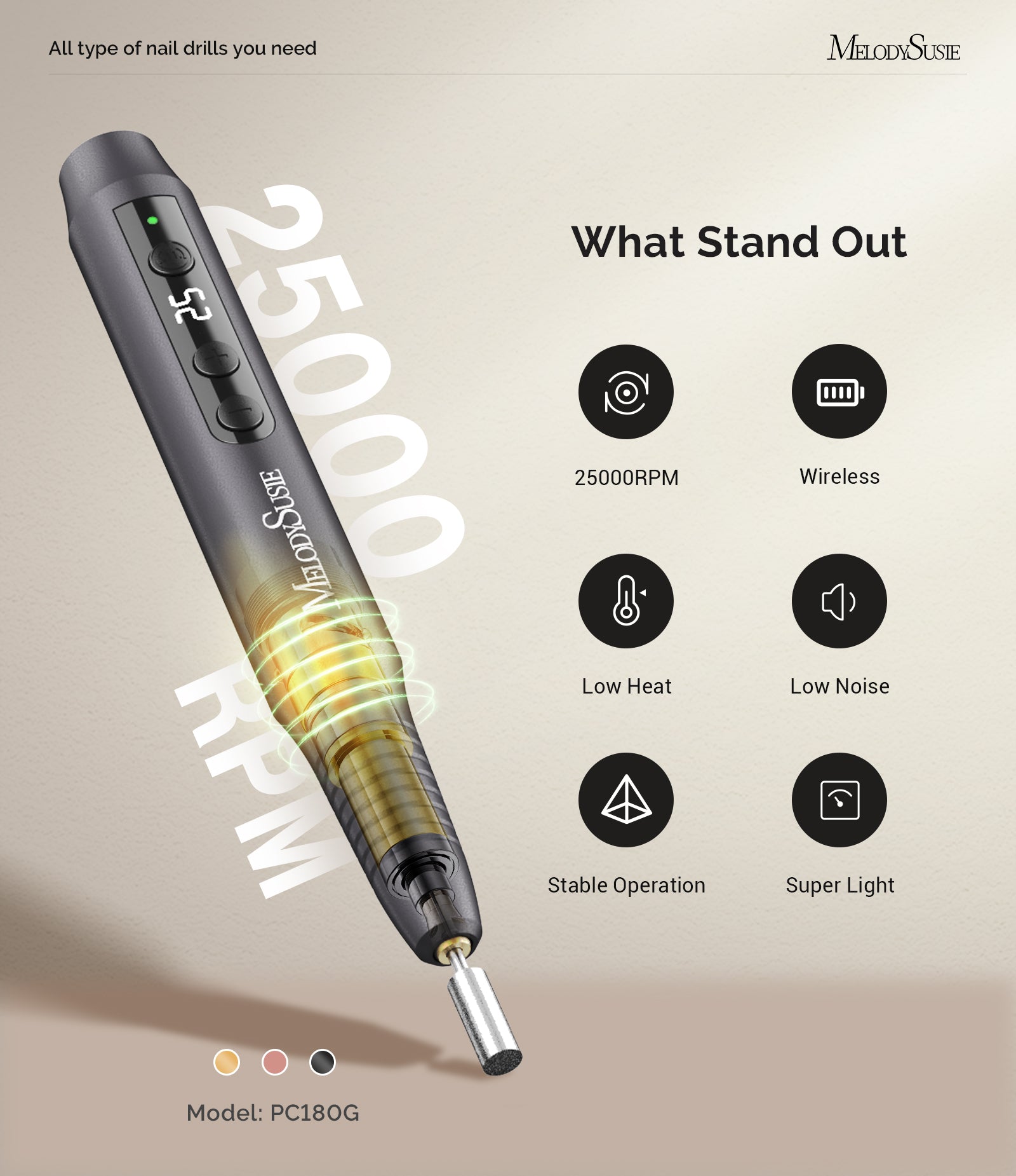 PC180G Pen-Shaped Rechargeable Nail Drill 25,000RPM - Black - 图片7