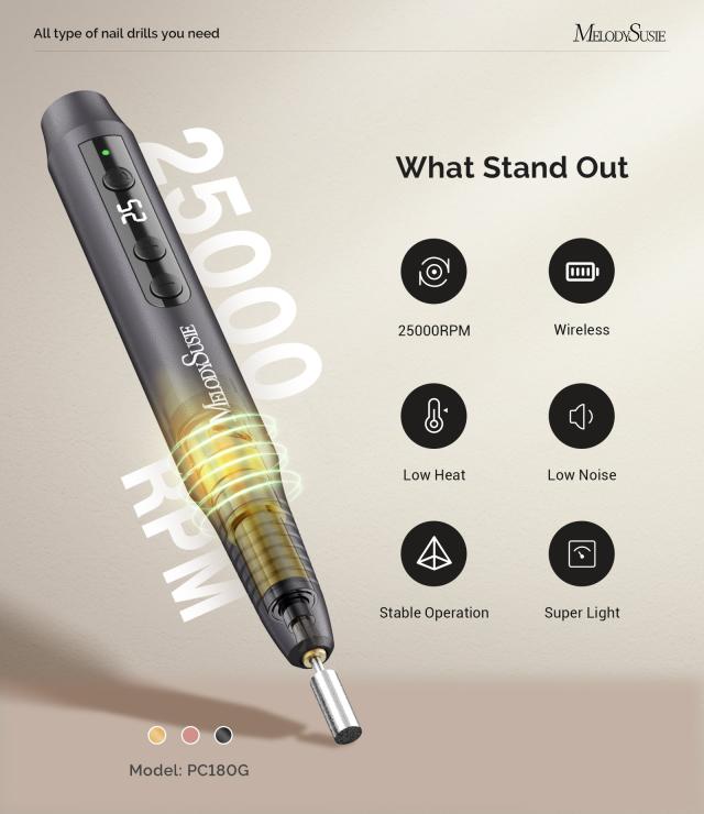 PC180G Pen-Shaped Rechargeable Nail Drill 25,000RPM - Black