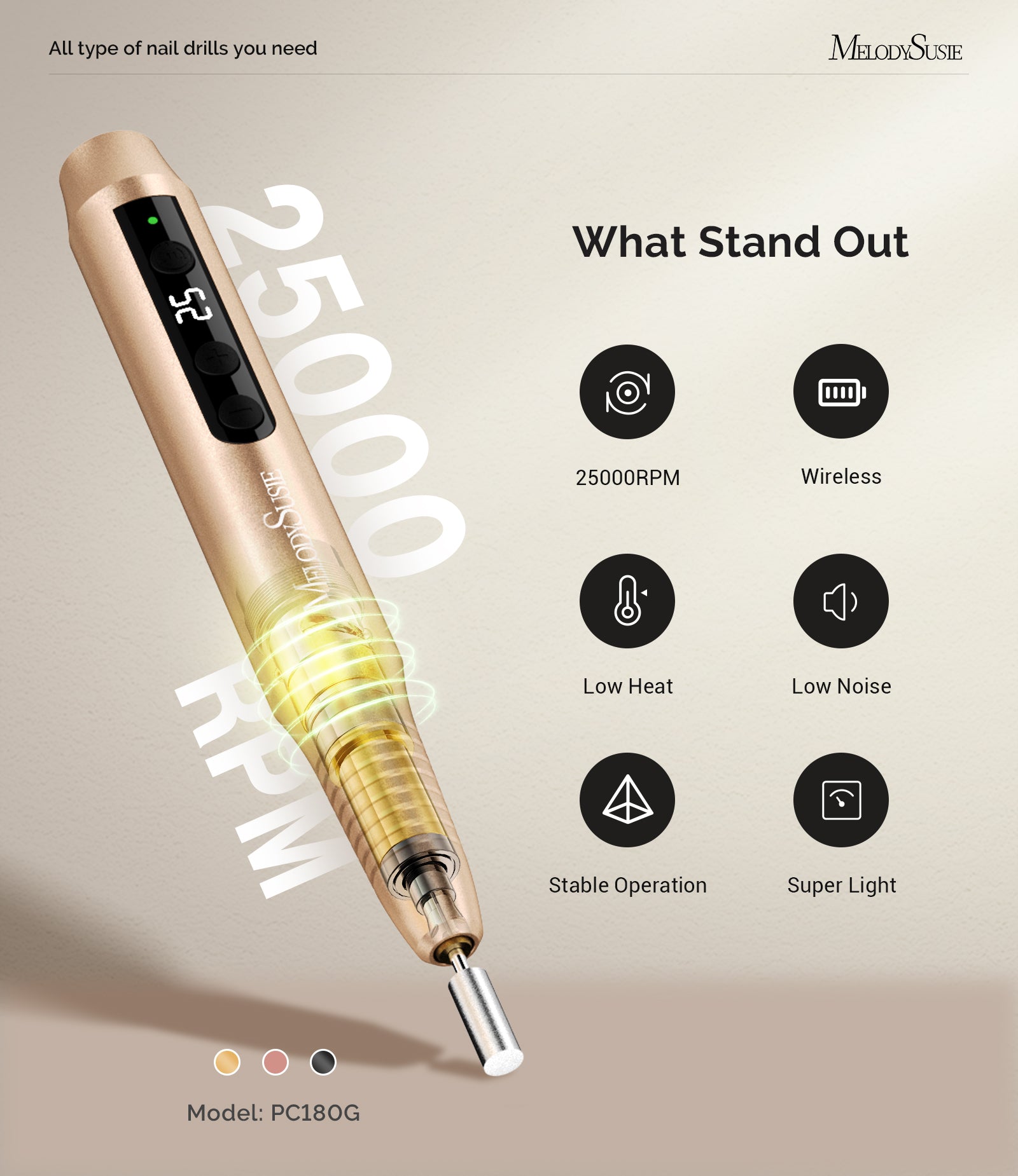 PC180G Pen-Shaped Rechargeable Nail Drill 25,000RPM - Gold - 图片7