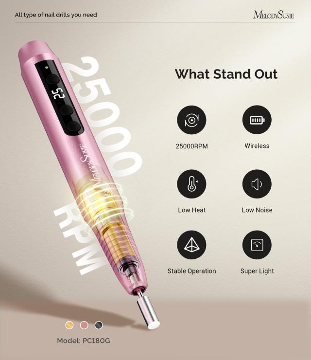 PC180G Pen-Shaped Rechargeable Nail Drill 25,000RPM - Rose Gold