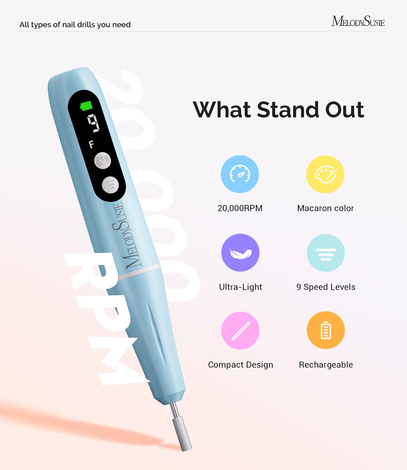 PC90G Pen-Shaped Portable Rechargeable Nail Drill 20,000RPM - Blue - 图片2