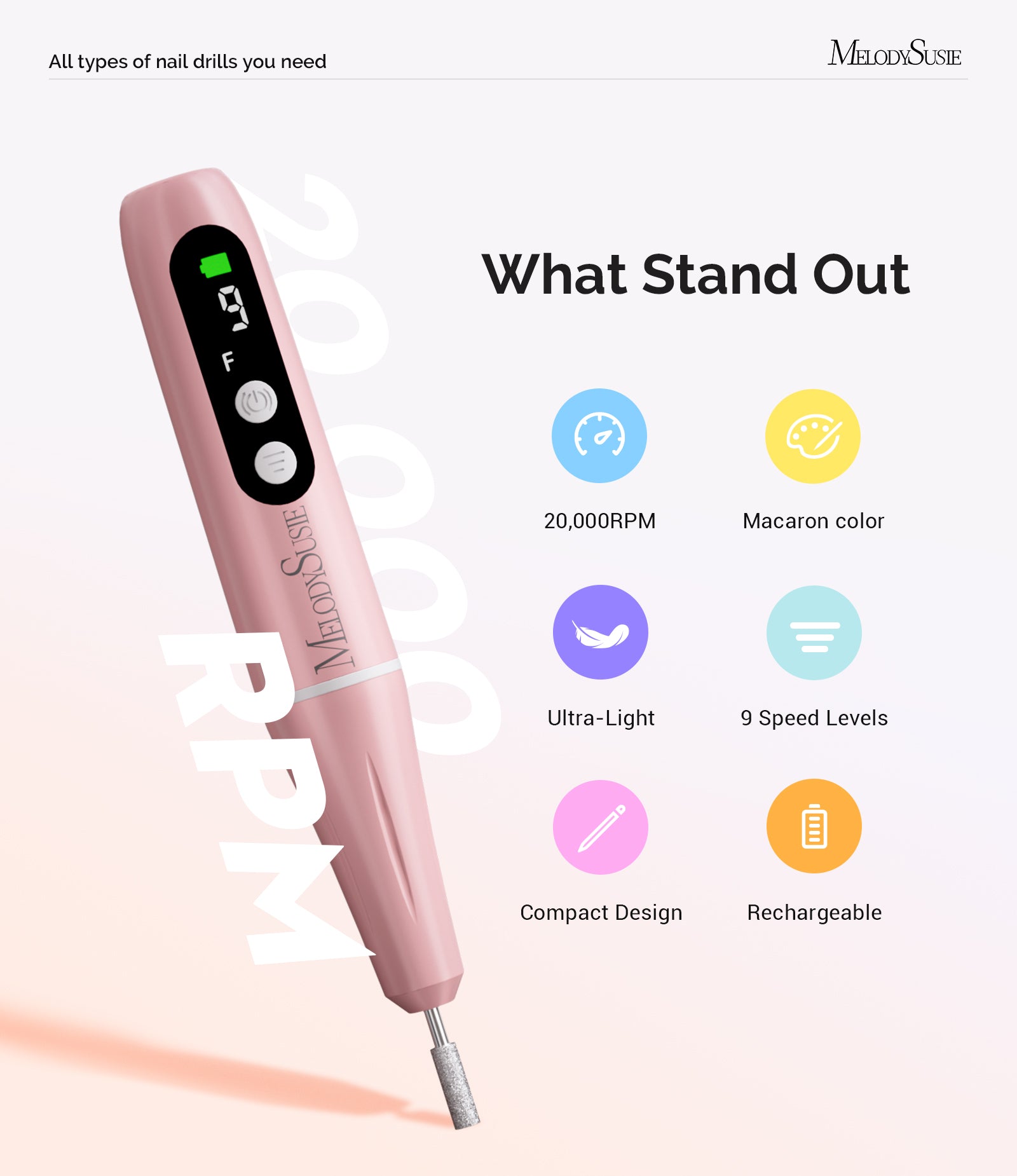 PC90G Pen-Shaped Portable Rechargeable Nail Drill 20,000RPM - Pink - 图片2