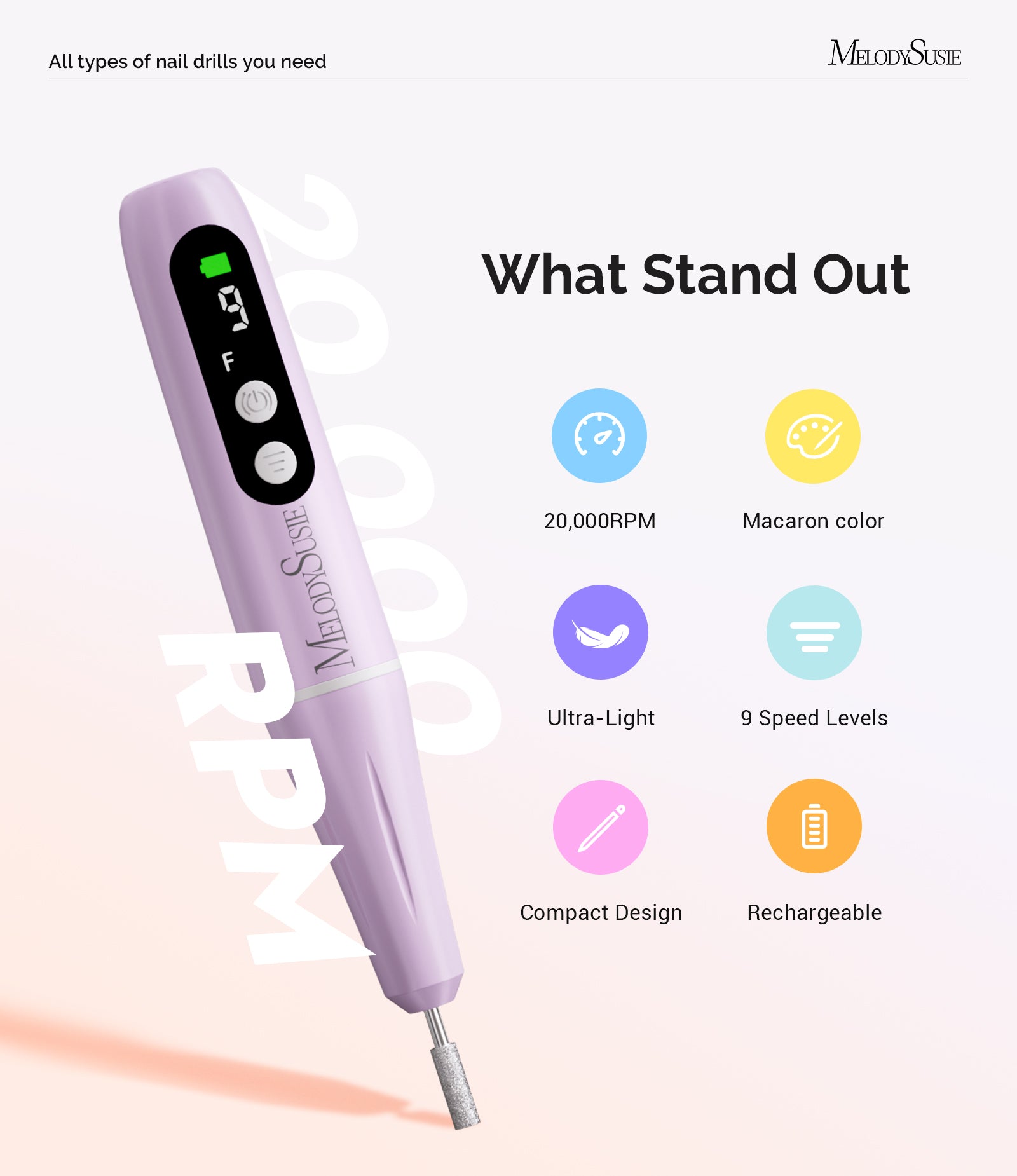 PC90G Pen-Shaped Portable Rechargeable Nail Drill 20,000RPM - Purple - 图片6