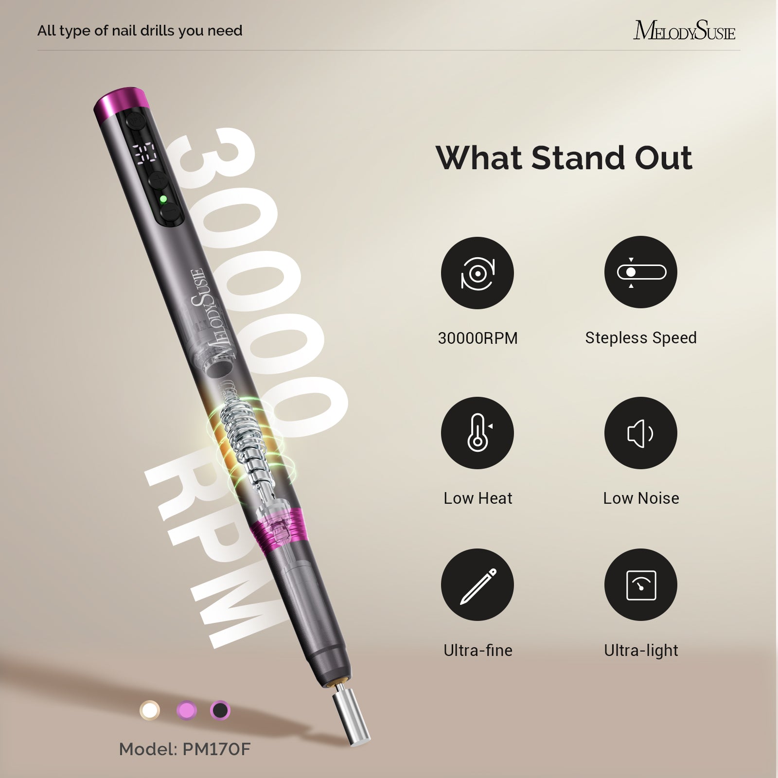 PM170F Pen-Shaped Ultra-Slim Rechargeable Nail Drill 30,000RPM - Black - 图片2