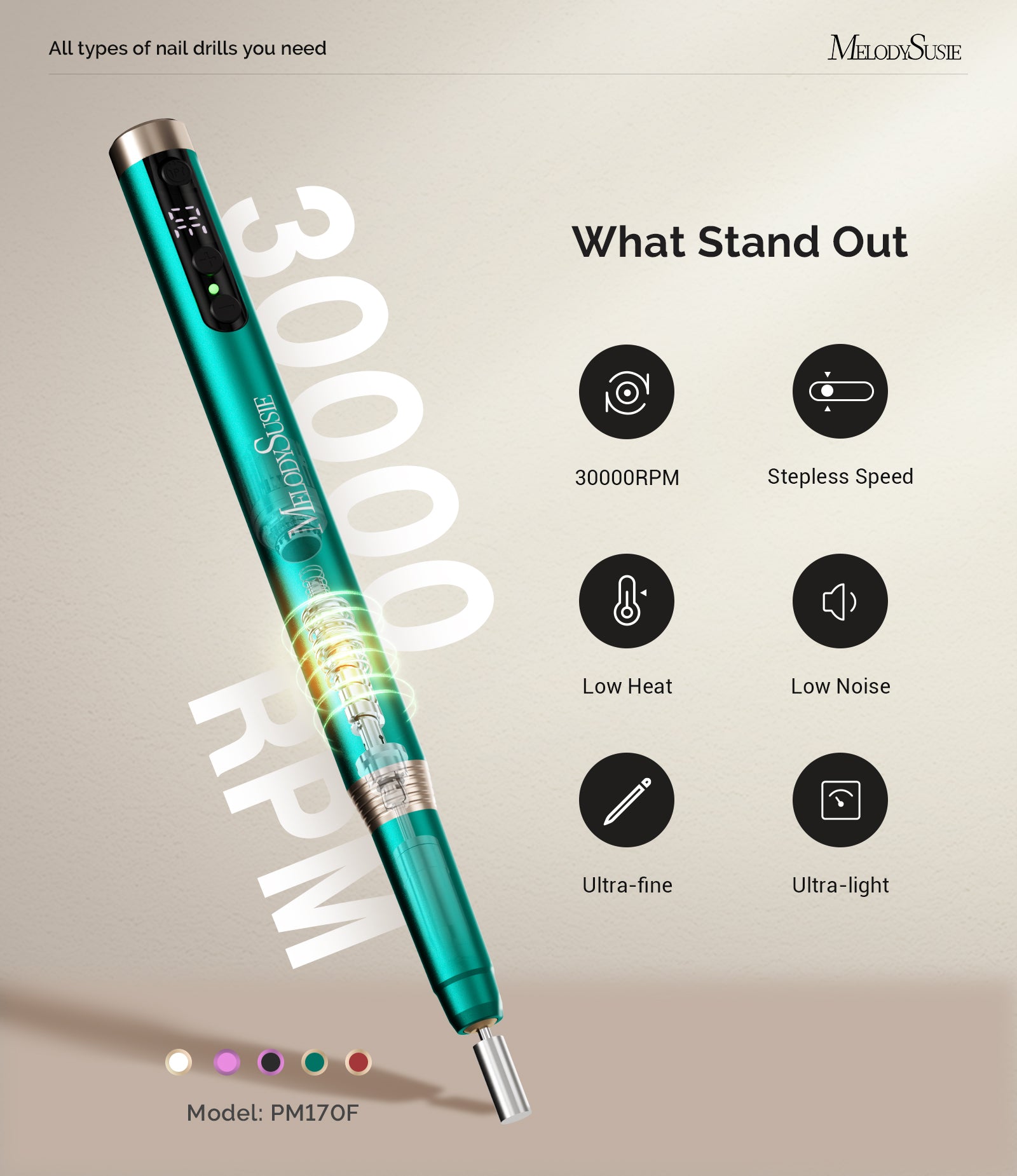 PM170F Pen-Shaped Ultra-Slim Rechargeable Nail Drill 30,000RPM - Green - 图片8