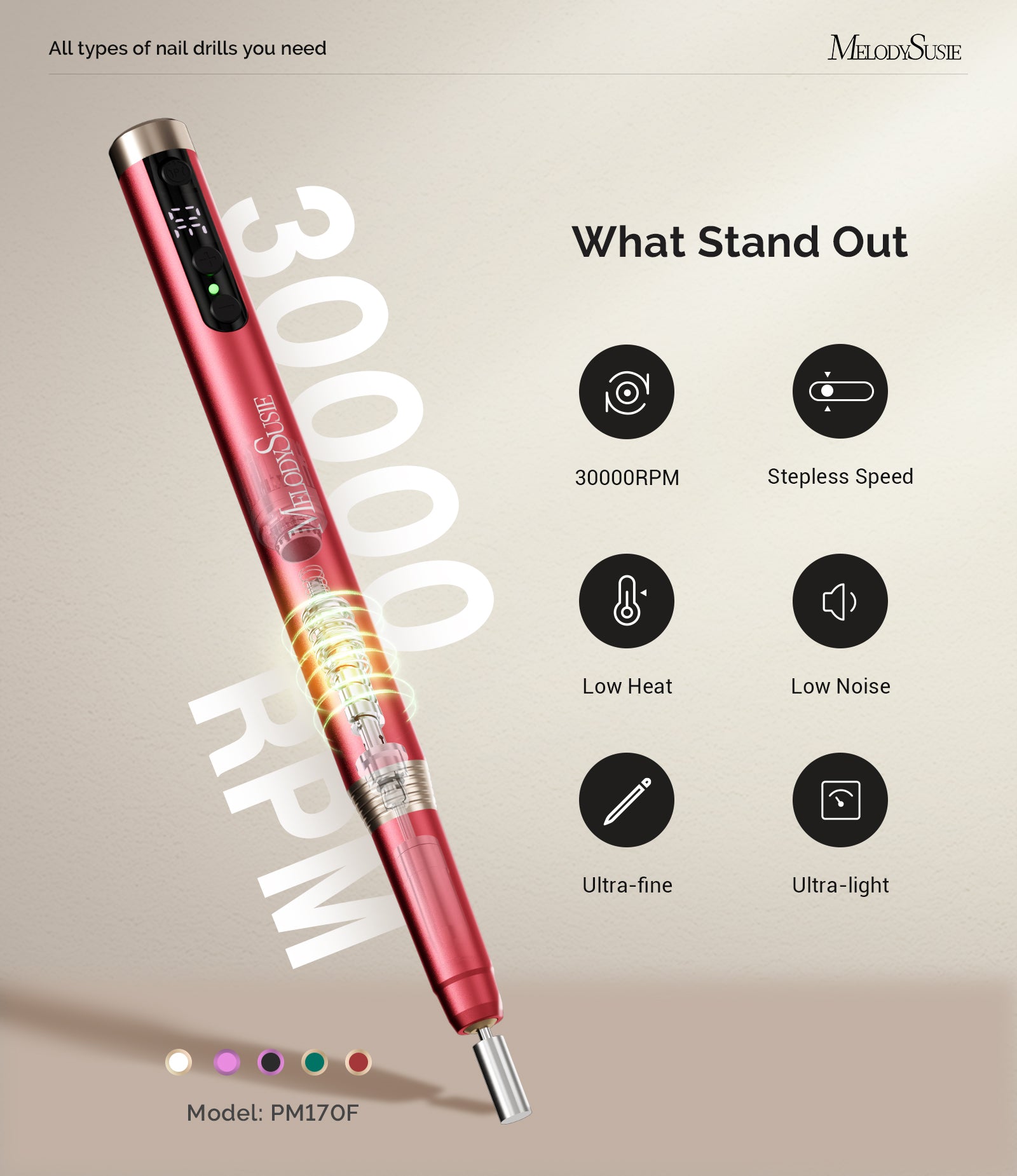 PM170F Pen-Shaped Ultra-Slim Rechargeable Nail Drill 30,000RPM - Red - 图片2